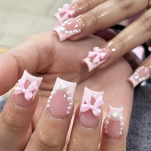 GlamRays Lot de 24 faux ongles roses pour French manucure : courts, moyens, carrés, épais, couvrants, collants, beaux, avec perles