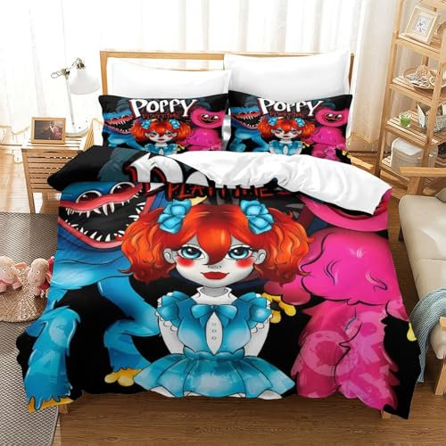 Poppy Playtime Für Kinder Mädchen Jungen Bettwäschegarnitur Bettbezug Set 3D Gedruckter Horror-Spiele-Cartoon Und Kissenbezüge Reissverschluss Bettwäsche Weich Microfaser 3 Teilig Super King(260x220)