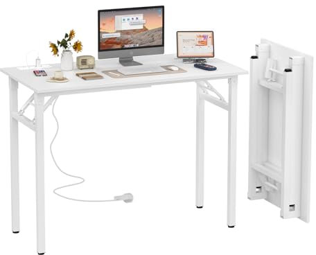 Lvhecforhm Mesa Escritorio Plegable, Mesa de Ordenador Escritorio con Puerto y Toma de Carga USB, Pequeño Mesa Escritorio Auxiliar Plegable, Blanco Mesa Ordenador, Ahorra Espacio 100x50x76cm