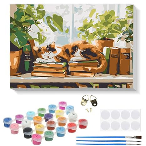 RICUVED Katze Malen nach Zahlen Set 20x30cm für Erwachsene Kinder mit Rahmen -Buch Digitale Ölmalerei Kits, DIY Kunstkit mit Farben, Pinsel und Holzrahmen, für Anfänger und Hobbykünstler