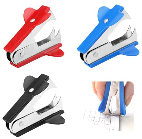 3 Stück Mini Klammern Entferner, Extra Breiter Fingergriff Entklammerer, Metallplastik Entklammerer Enthefter, Rot/Schwarz/Blau Tackerklammern Entferner für Bücher, Zeitungen, Verpackungspapier