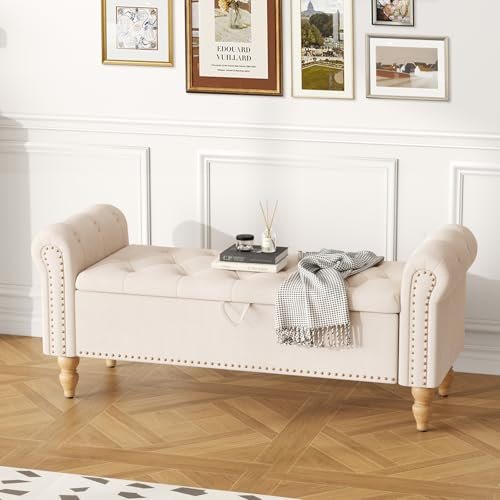 Ckaff Banc de Rangement Salon, Lit Banquette Ottomane Bout de Lit Boîte de Rangement Banquette Tapissé Banc de Chaussures avec Accoudoirs pour Chambre à Coucher Salon Couloir, Beige