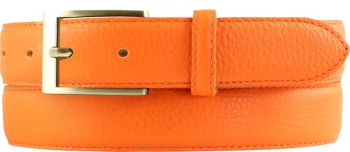 Italienischer Anzug-Gürtel, 30 mm breit, Herren, Anzuggürtel, Hosengürtel, strukturiertes Leder, Schließe Gold | Orange 85cm