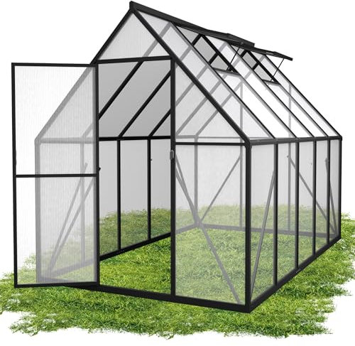QEENTOE Gewächshaus Aluminium mit Fundament & Dachfenster Tomatenhaus wetterfest rostfrei Treibhaus Anzuchthaus temperaturbeständig Frühbeet Pflanzenhaus für Tomaten, Gemüse & Pflanzen - 280x180x195cm