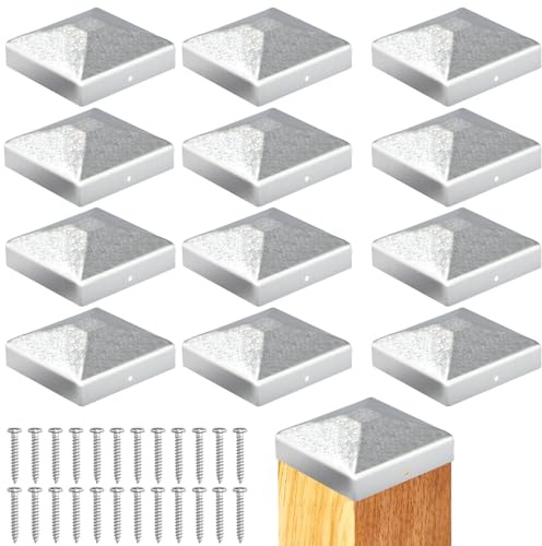 Sturiz 12 Stück Pfostenkappe 7x7cm Pfostenkappen Zaunpfosten Kappen Holzpfosten Bodenhülsen Zaun Abdeckkappen für Pfosten Pfostenabdeckung Metall Zaunkappen Quadratisch Zaunpfahlkappe mit Schrauben