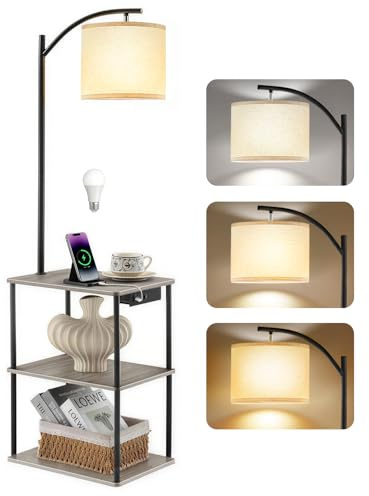 Wio-Mio Stehlampe mit Beistelltisch und Ablagen, LED-Stehlampe mit USB-A- & Type-C-Ladeanschlüssen, 3 Farbtemperaturen 9W Leuchtmittel, Stofflampenschirm für Wohnzimmer Schlafzimmer