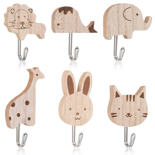 DOPENSPI 6 Stück Süße Tier Kinder Kleiderhaken, Selbstklebende | Kinder Garderobenhaken aus Holz mit Cartoon Tiermotiven für Kinderzimmer, Babyzimmer, Schlafzimmer und Küchen