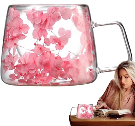 Jiwyunlu Flower Coffee Cup - 200ml Dried Flowers Double Wall Glass Mug - Heat Insulation Glass Cup with Handle, Suitable for Tea, Coffee, Smoothies and Juice, Gift for Friend Teacher Mum