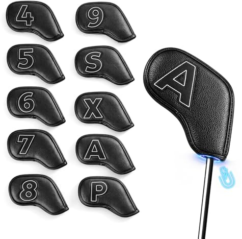 10Pcs Golf Iron Head Covers Synthetic Leather Magnetic Closure, Black Golf Club Headcovers Double Side Number Lightweight Protection for Irons and Wedges Sport Outdoor
