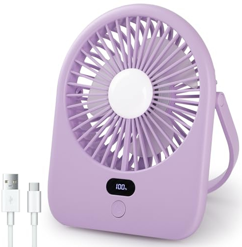 Secpeak Ventilador Portátil Recargable, 5 Velocidades & Angulo Ajustables, Batería 1200mAh, Mini Ventilador de Mesa USB Silencioso con Pantalla de Batería para Oficina, Hogar y Camping - Morado
