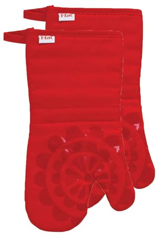 T-FAL 2-Pack Medallion Design 100% Cotton and Silicone Oven Mitt - Heat-Resistant Silicone Grip - Red