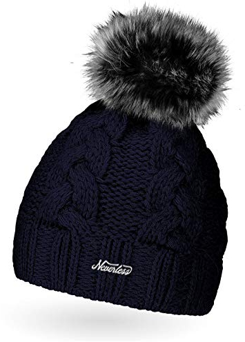 Neverless Damen Strick-Mütze gefüttert mit Kunstfell-Bommel, Winter-Mütze, Bommelmütze, Navy Unisize