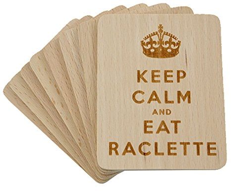 wall-art-design 8 Stück Raclette Untersetzer 'Keep Calm and Eat Raclette' aus Bucheholz, 100x80x7mm, Hellbraun Bis Mittelbraun, Rechteckig