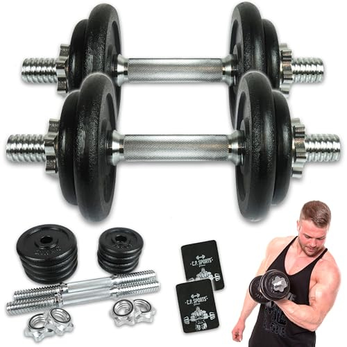 C.P. Sports Gusseisen Kurzhantelset 20KG | Kurzhantel, Hanteln Kurzhantel Set | 2x Hantelstangen + 12 Hantelscheiben + 4x Verschlüsse + 2x Griffpolster
