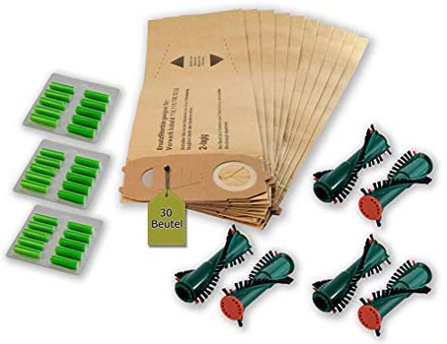 eVendix 66 pièces Kit Filtre pour aspirateur Vorwerk Kobold VK 118, 119, 120, 121, 122 : 30 Sacs aspirateur + 6 Brosses Rondes et 340, EB 350, EB 351 (3 Paires) + 30 Bâtonnets de