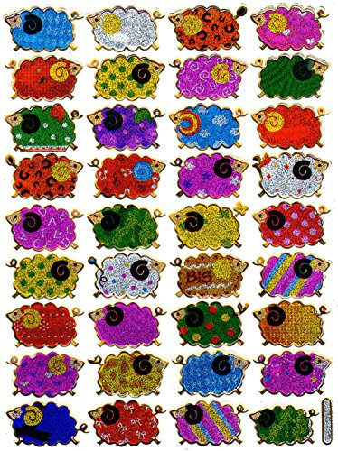 Bunte Schafe Wolle Tiere Aufkleber 36-teilig 1 Blatt 135 mm x 100 mm Sticker Basteln Kinder Party Metallic-Look