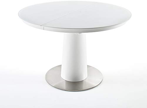 Esstisch rund Weiß matt lackiert, Tisch mit Glasplatte ausziehbar, BxHxT 120-160x76x120 cm