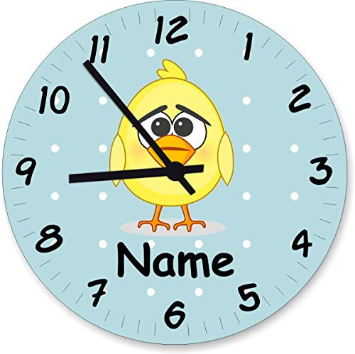 Shirtinstyle Wanduhr Kinderzimmeruhr Küken mit Wunschnamen Geschenk Uhr Kinder Handmade, 29cm, Farbe Pastellblau