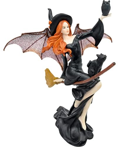 Comfy Hour Fairyland Collection 9” Dark Fairy Witch On Magic Broom with Black Cat Figurine, Halloween Theme Gift, Home Decoration and Collectibles, Polyresin