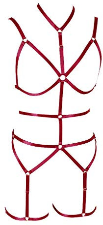 PETMHS Damen Körper Geschirr BHS Gürtel Body Harness Punk Strümpfe Strumpfband Dessous Strumpfhalter Strap Elastic Cupless Cage BH Harajuku Goth Festival Rave Wear (Weinrot)