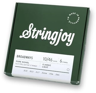 Stringjoy Broadways 10-46 Classic Light Gauge Pure Nickel Electric Guitar Strings - Electric 6-String Set - Vintage-Style Round Core Strings for Incredible Flexibility, Versatility, & Tone, 1-Pack