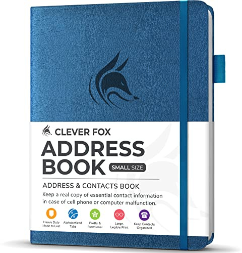 Clever Fox Adressbuch mit alphabetischen Registerkarten – Telefon- und Adressbuch aus PU-Leder, zur sicheren Aufbewahrung von Kontakten, Kontakt-Organizer, Tagebuch, kleine Größe (10,5 x 14 cm),