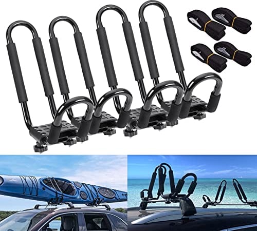 tonchean Lot de 2 paires de barres de toit en J pour kayak, kayak, kayak, bateau, surf, ski, vélo avec 4 sangles pour voiture, camion, SUV, noir