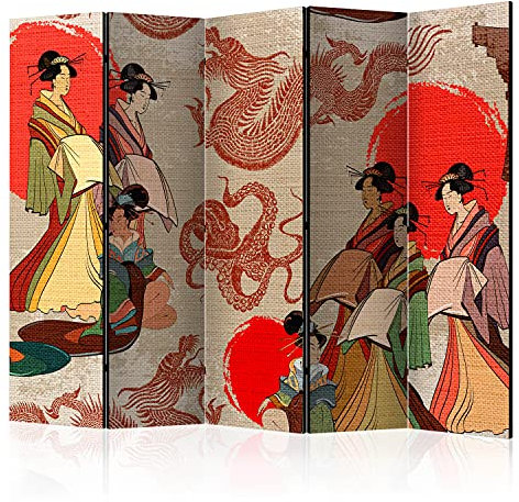 murando Raumteiler Foto Paravent Geisha & Drache 225x172 cm beidseitig auf Vlies-Leinwand Bedruckt Trennwand Spanische Wand Sichtschutz Raumtrenner Ornament japanische Muster