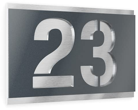 Graviers Design Numero civico personalizzabile in vetro acrilico + acciaio inox V2A 160 x 110 mm metallizzato, Resistente alle intemperie, Antiruggine, Targa per porta d’ingresso, Made in Germany