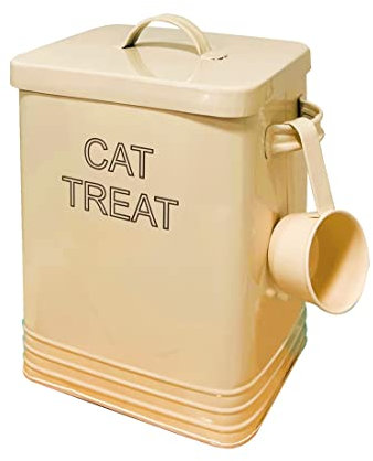 Nobel Cat Food or Cat Treat Storage Tin with Lid with Scoop Non Slip Pads (CAT TREAT, Cream)