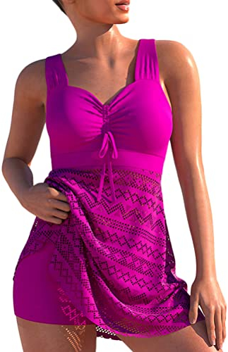 Minetom Spitze Tankini Damen Bauchweg Bademode Set Zweiteilig Push up mit Einstellbarer Badeanzug Oberteil Bikini Set Große Größen Strand Schwimmanzug A Rose L