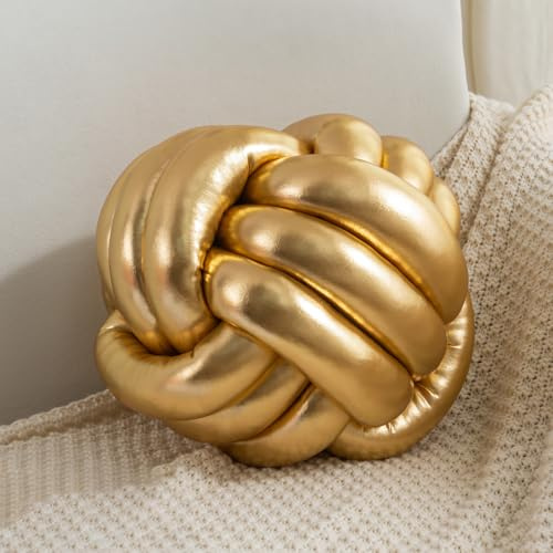 TESICA Handgefertigtes, rundes Knotenballkissen, Plüschkissen, Knotenkissen, Schlafzimmerdekoration, Plüschknoten, mittlere Größe, 27,9 cm, goldfarben