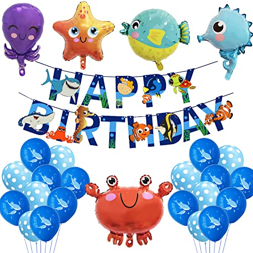CIOUYAOS Unterwasserwelt Kindergeburtstag Deko, Blau Luftballon Geburtstag Party Geburtstagsdeko 25pcs Ballons Banner Set, Blaue meerestiere Folienballons für Baby 1 Jahr Junge Kinder