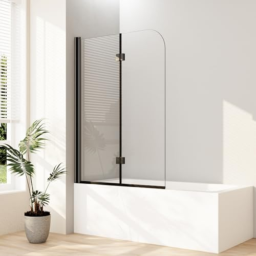 Duschwand für Badewanne 120x140cm 2-teilig faltbar Badewannenaufsatz Badewannenfaltwand Duschwand Faltwand Duschabtrennung für Badewanne mit 6mm NANO Sicherheitsglas, Matt Schwarz