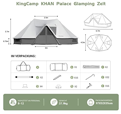 KingCamp Glampingzelt, 8-12 Personen Familien Zelt, Outdoor Glockenzelt mit Doppelspitzdach für 3 Zimmer, für Familien und Camping Gruppen, Extra Große 6.4x4.2x2.7M