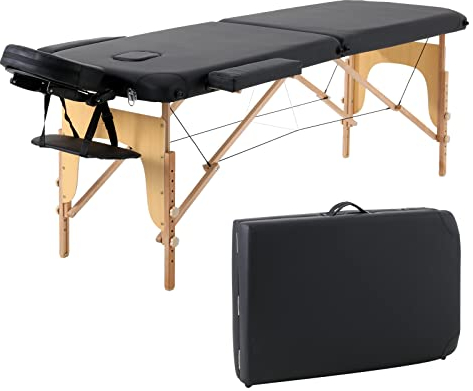 Panana 2 Sections Portable Massage Bed Wooden Legs Adjustable Height Folding Tattoo Table (Black)