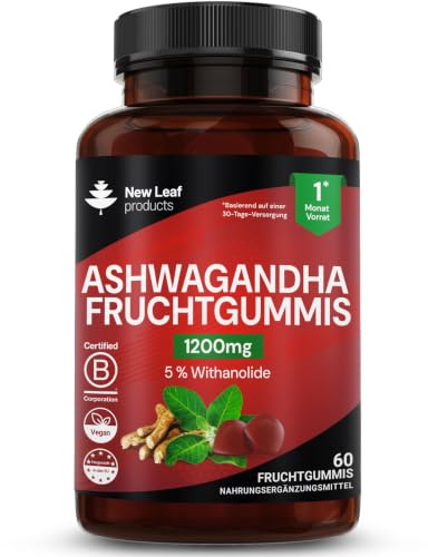Ashwagandha Gummies 1200mg – High Strength 5% Withanolides - Real Fruit Juice, No Artificial Colours or Flavours – Pure Ashwagandha Root Extract, 60 Vegan Gummys, Gluten Free, UK Made by New Leaf