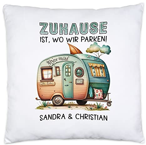 Kiddle-Design Zuhause ist wo wir Parken personalisiertes Kissen inkl. Füllung mit Wunschnamen für Camper Pärchen Geschenk Wohnmobil Wohnwagen
