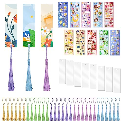 HAOMEEDUO 30 Stück Acryl Lesezeichen Blanko DIY Leere Lesezeichen Transparente Handwerk Lesezeichen mit 30 Bunten Quasten,10 Aufkleber für Bastelarbeiten Lesezeichen Geschenkdekoration