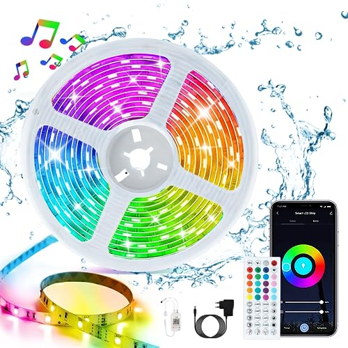 CILIENG LED Streifen 5M, IP65 RGB LED Streifen Wasserdichter mit Fernbedienung und APP, 16 Mio. Farben Farbwechsel LED Lichterkette Sync mit Musik, Flexibel LED Band für TV Partei Halloween Deko