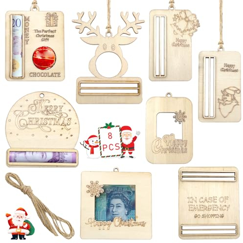 Lets Joy 8 Stück Weihnachtsbaum Anhänger Holz, Holz Weihnachts Geldhalter, Weihnachten Stanzschablonen Anhänger, Weihnachtsbaum Geldgeschenk Dekoration, Weihnachten Anhänger Deko