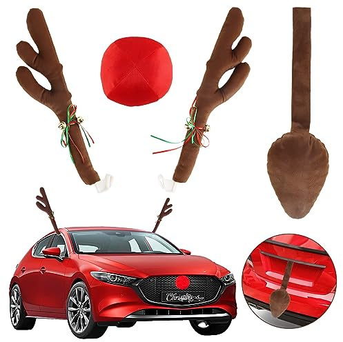 ACTOYS Rentier Auto Set, Auto Deko Weihnachten, Weihnachtsdeko Auto Rudolph Kostüm Set mit Geweih, Nase und Schwanz für Weihnachten, Auto Deko für Truck Van SUV