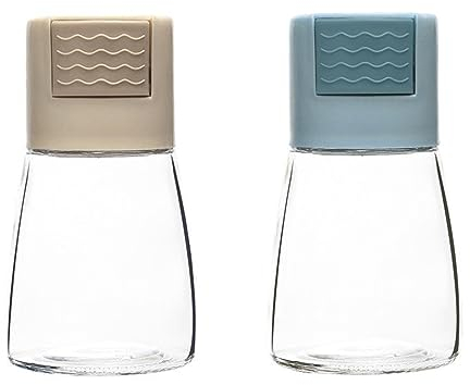 Salt and Pepper Shakers Precise Quantitative Push Type, Glass Metered Salt Dispenser, Metering Salt Shaker, Salt Bottle Control, Spice Bottle Dispenser, Pepper Spice Jar Container Bottle (Beige+Blue)