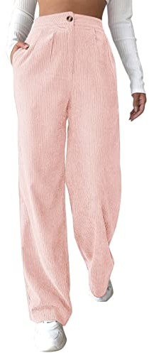 Vuncio Pantalon Femme Droit en Velours Côtelé - Chic, Élégant, Fluide, Large, Grande Taille, Ample - Habillé, Stylé, Jogging Casual - Hiver (Rose, S)