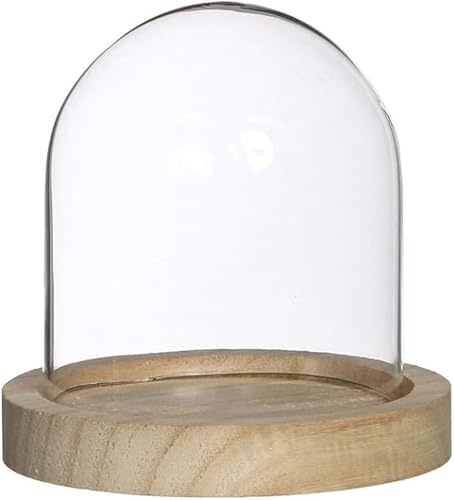 ADP Cloche en Verre avec Socle en Bois Naturel- 10 cm x 10 cm (7.5 x 9 cm utile) - Cloche en Verre Décorative Transparente avec Plateau en Bois, Décorations de Table, Compositions Florales...