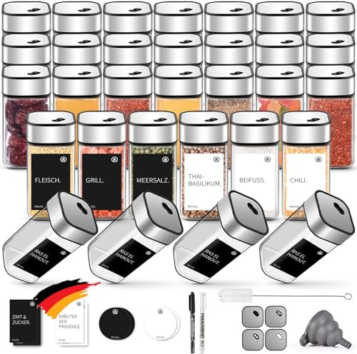 Miorkly 35 Gewürzgläser Eckig,120ML Gewürzdosen Set mit Streueinsatz,Gewürzstreuer mit Drehdeckel-Starke Versiegelung,Edelstahl-Glas Gewürz Organizer inklusive Trichter, Etikett und Stift