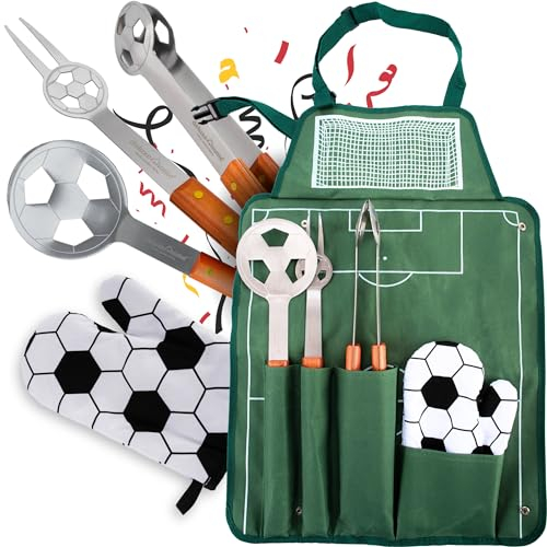 deluxe4home® Grillbesteck im Fußball-Look I Grillset inkl. Grillzange Grillwender Grillschürze Grillgabel Grillhandschuh I BBQ Tools Grillzangenset