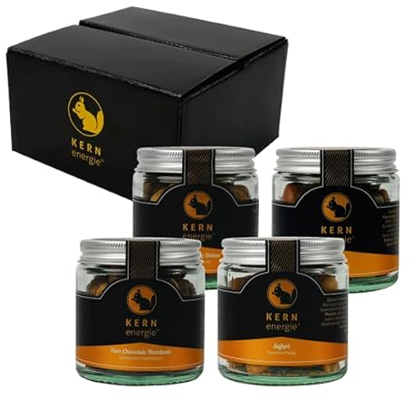 KERNenergie edles Geschenkset | 4 Nussmischungen in praktischen Schraubgläsern - würzig, salzig & süß ideal zum Verschenken | Geschenkverpackung schwarzer Karton