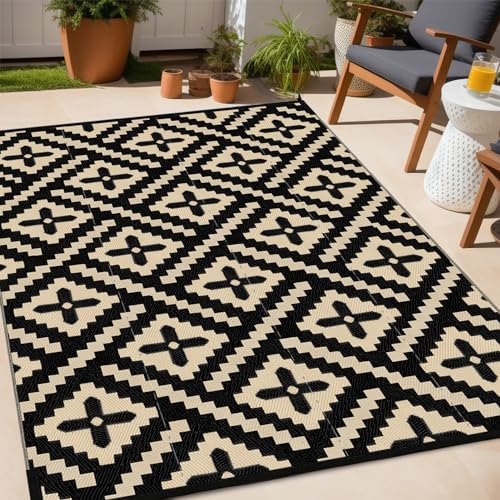 Momooda Outdoor Teppich Geometrie Plastikstroh, Anti-UV-Schutz, Umkehrbarer Terrassenteppich Waschbar, Wasserdichter Camping Garten Outdoor Teppich für Balkon, Wohnmobil, Schwarz beige, 180x270cm