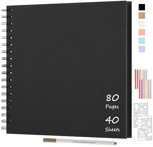 JAECU Fotoalbum zum Selbstgestalten und Einkleben 24x24cm, DIY Spiralalbum Scrapbook Album 80 Seiten Fotobuch, Fotoalben Gästebuch Für Geburtstag Hochzeit (Schwarz)